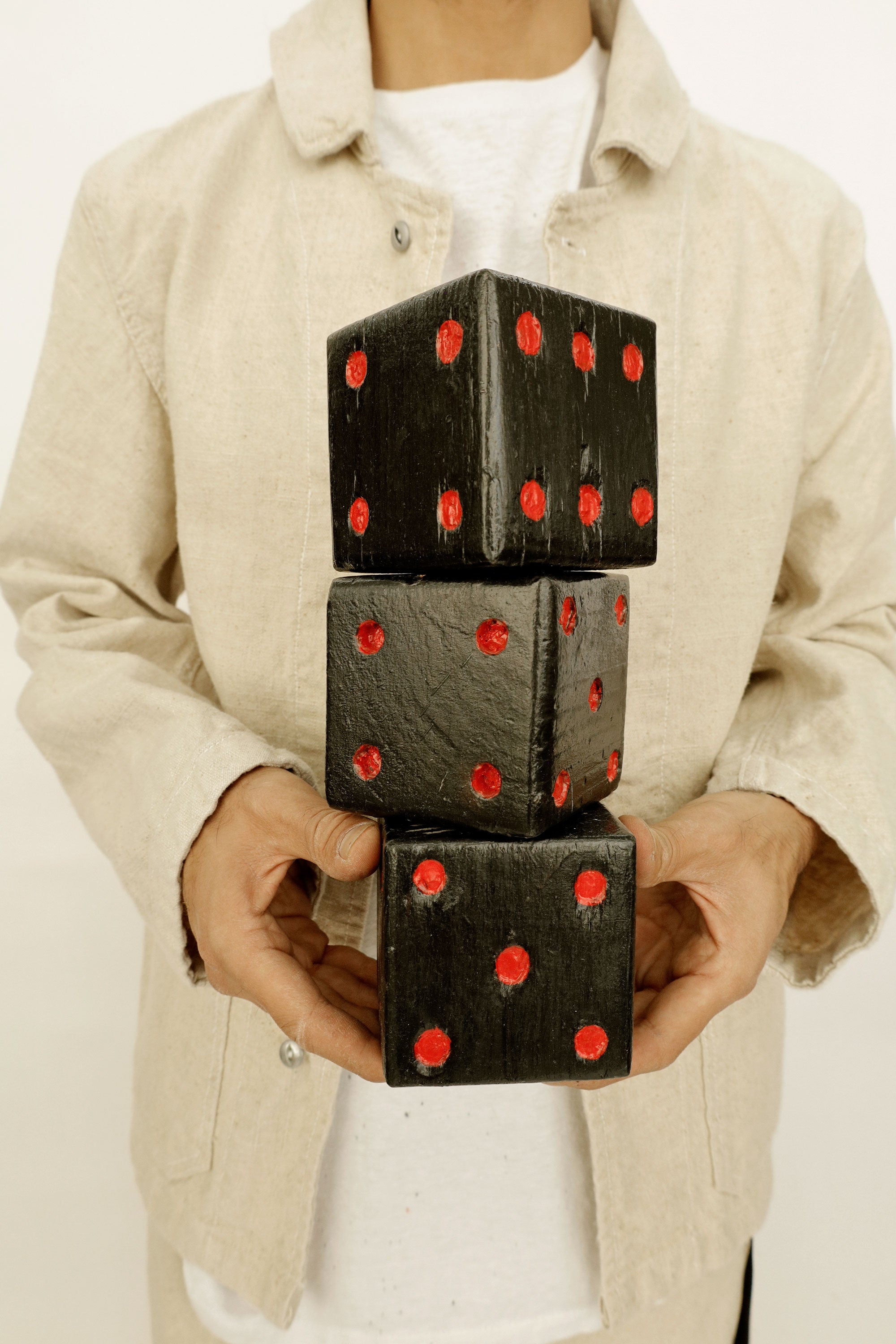 Set of Three Hand-Painted Wooden Dice – Folk Craft, c.mid-20th Century