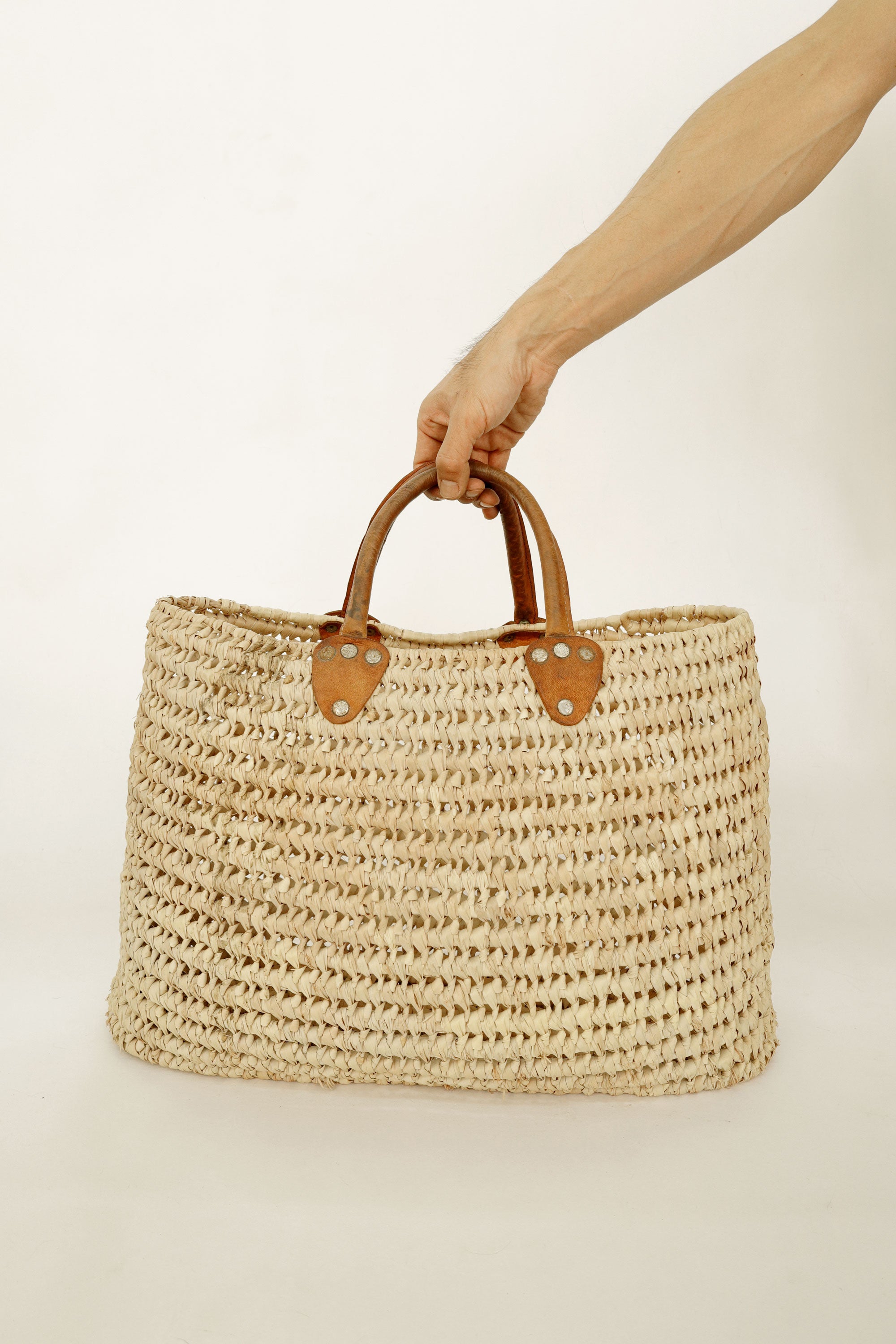 Woven Straw Tote with Short Leather Handles – Origin Unknown, c. Mid-20th Century