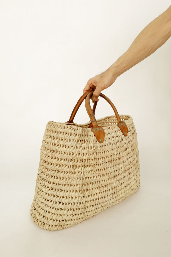 Woven Straw Tote with Short Leather Handles – Origin Unknown, c. Mid-20th Century
