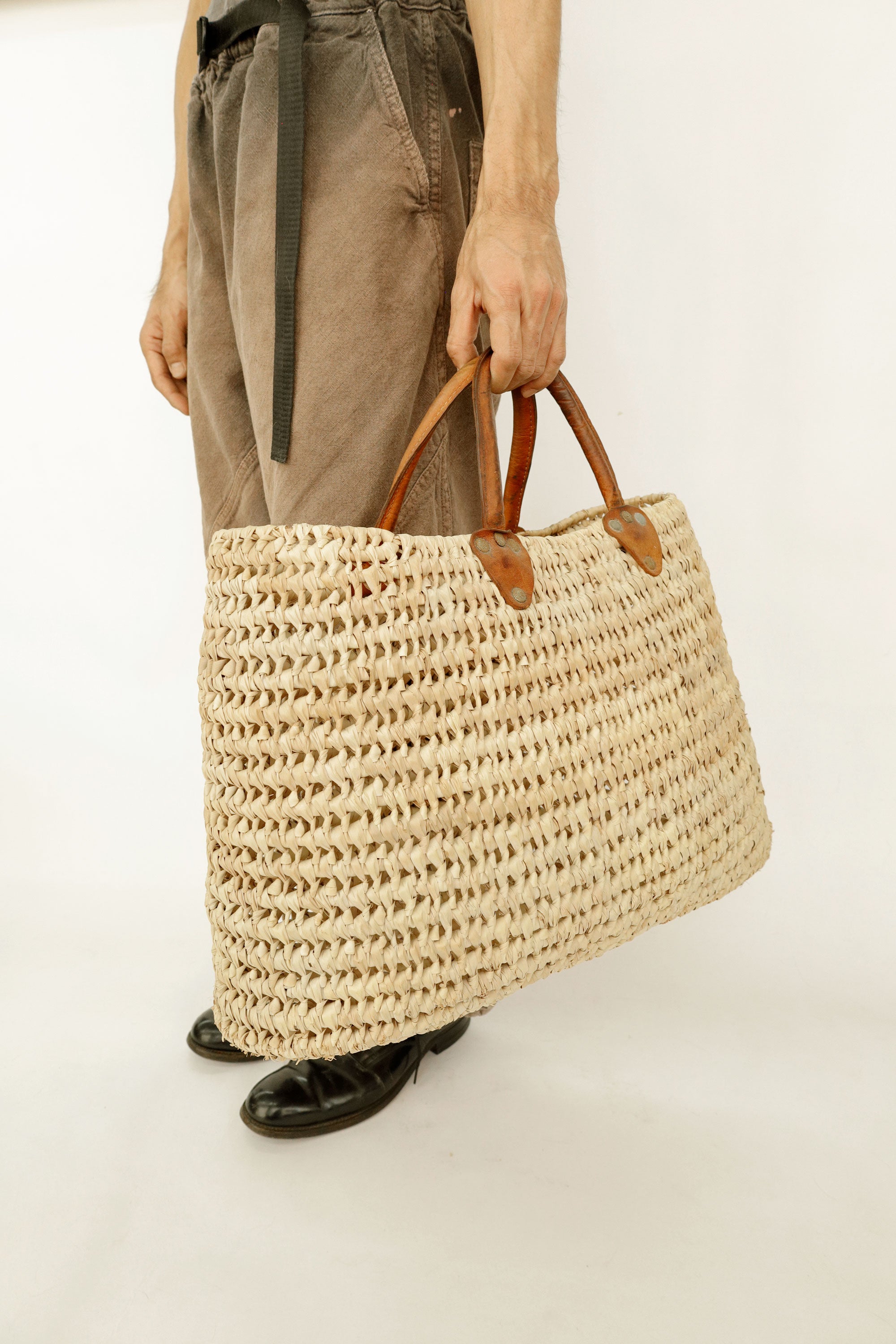 Woven Straw Tote with Short Leather Handles – Origin Unknown, c. Mid-20th Century