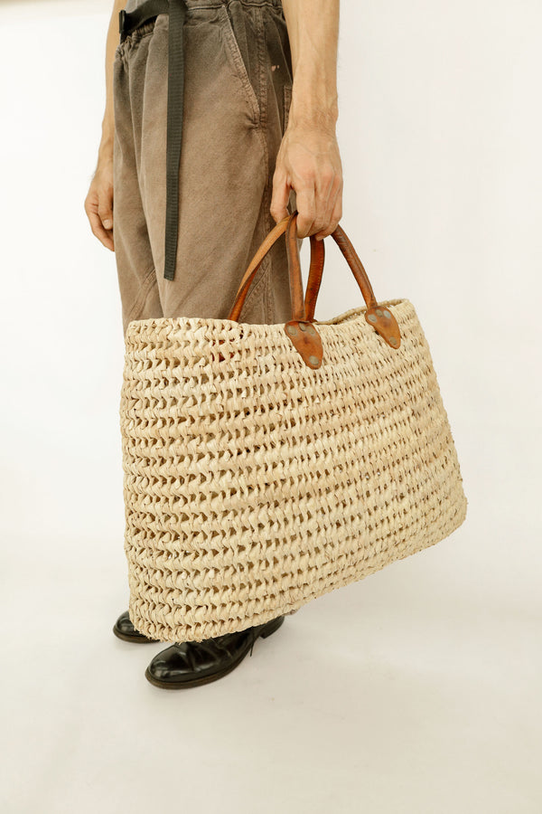 Woven Straw Tote with Short Leather Handles – Origin Unknown, c. Mid-20th Century