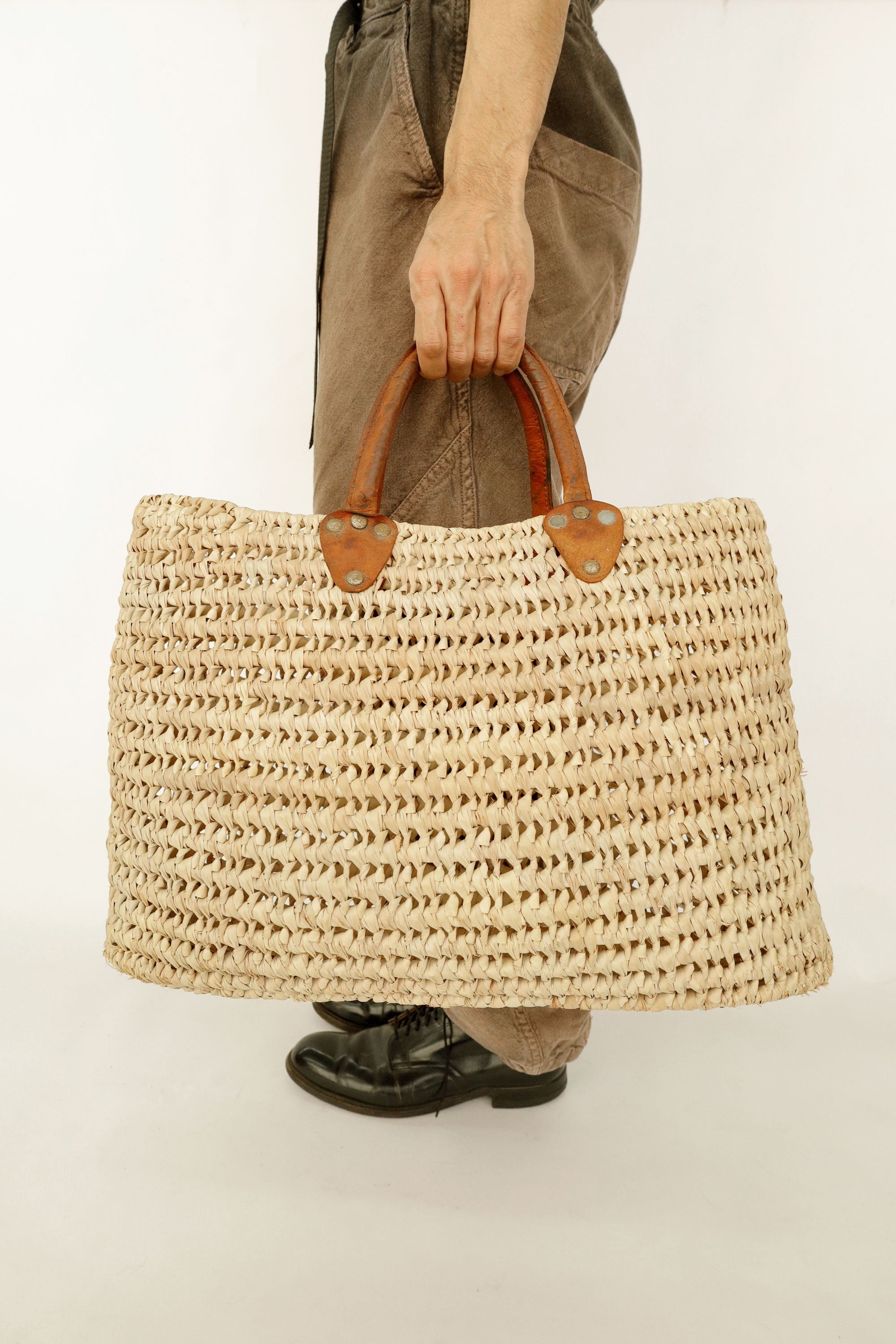 Woven Straw Tote with Short Leather Handles – Origin Unknown, c. Mid-20th Century