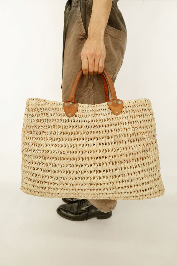 Woven Straw Tote with Short Leather Handles – Origin Unknown, c. Mid-20th Century
