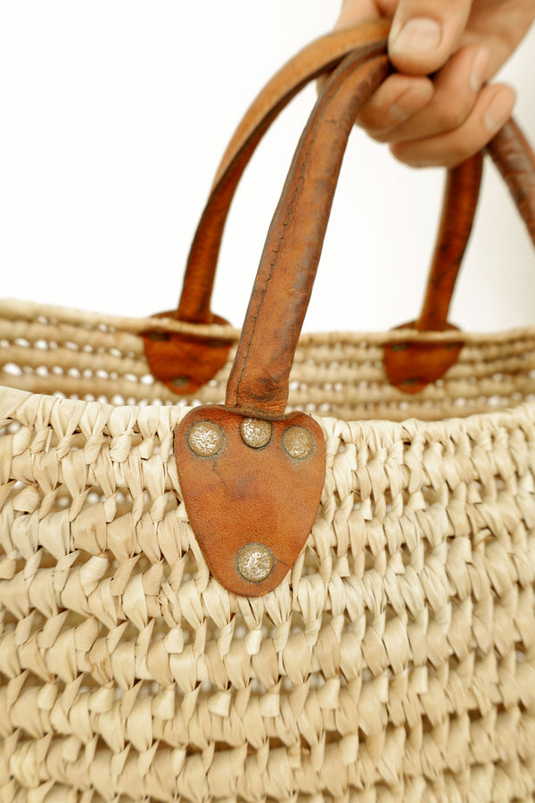 Woven Straw Tote with Short Leather Handles – Origin Unknown, c. Mid-20th Century